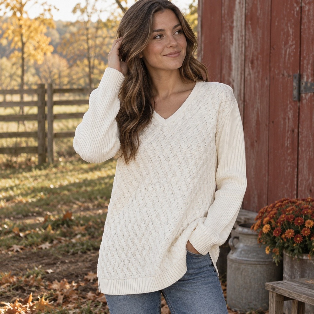 Lands' End Sweater Cable Knit V Neck Cotton Tunic Ivory Women's Medium Petite